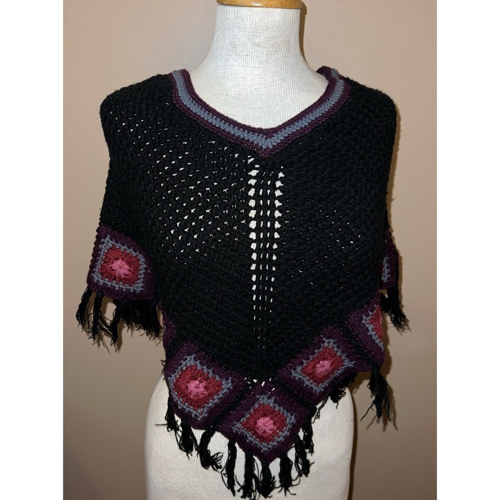 Crochet Poncho Shawl Granny Square Sweater Cape Boho Hippie Blanket Handmade S